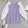 Long Sleeve Chinese Knot Buttons Gingham Slit Dress