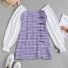 Long Sleeve Chinese Knot Buttons Gingham Slit Dress