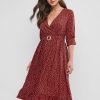 Polka Dot Surplice Flounce Belted Midi Dress