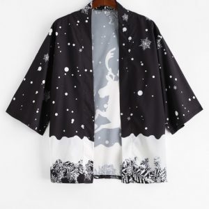 Christmas Elk Snowflake Print Open Front Kimono Cardigan