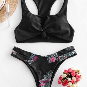 Plant Print Knot Racerback Bikini Swimsuit - Black