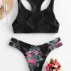 Plant Print Knot Racerback Bikini Swimsuit - Black