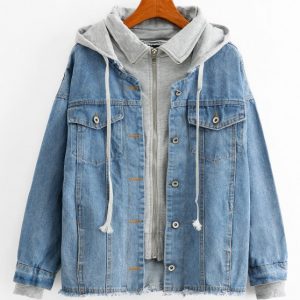 Frayed Hooded Zip Drop Shoulder Denim Pocket Jacket