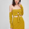 Cut Out Off Shoulder Long Sleeve Dress - Golden Brown M