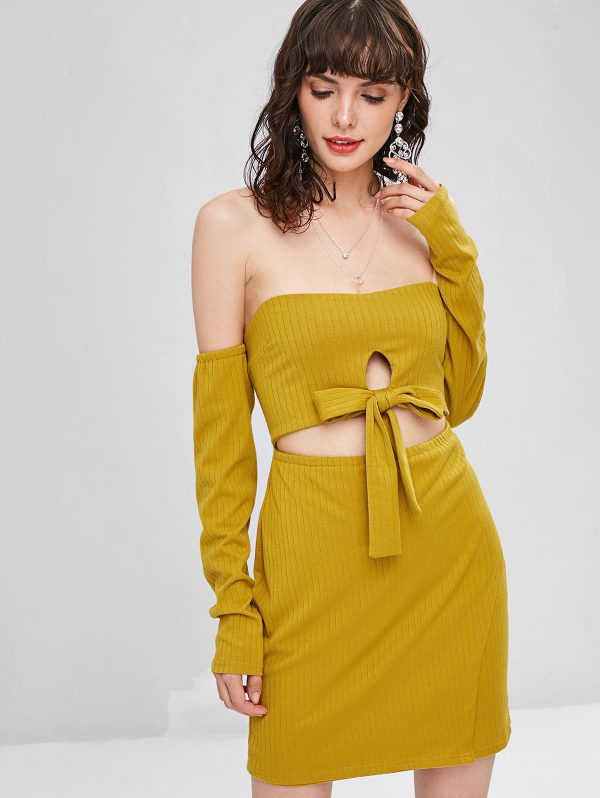 Cut Out Off Shoulder Long Sleeve Dress - Golden Brown M