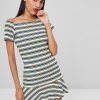 Off Shoulder Ribbed Striped Dress - Multi M