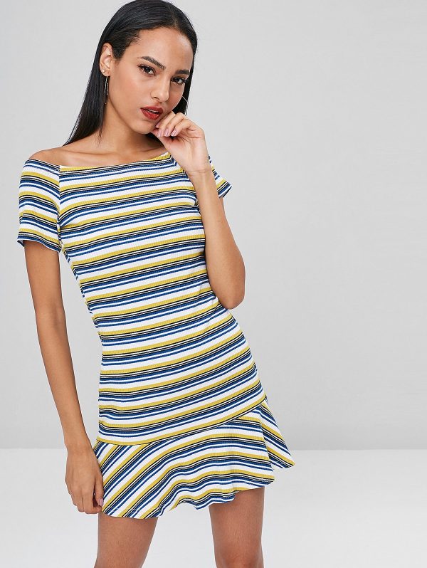 Off Shoulder Ribbed Striped Dress - Multi M