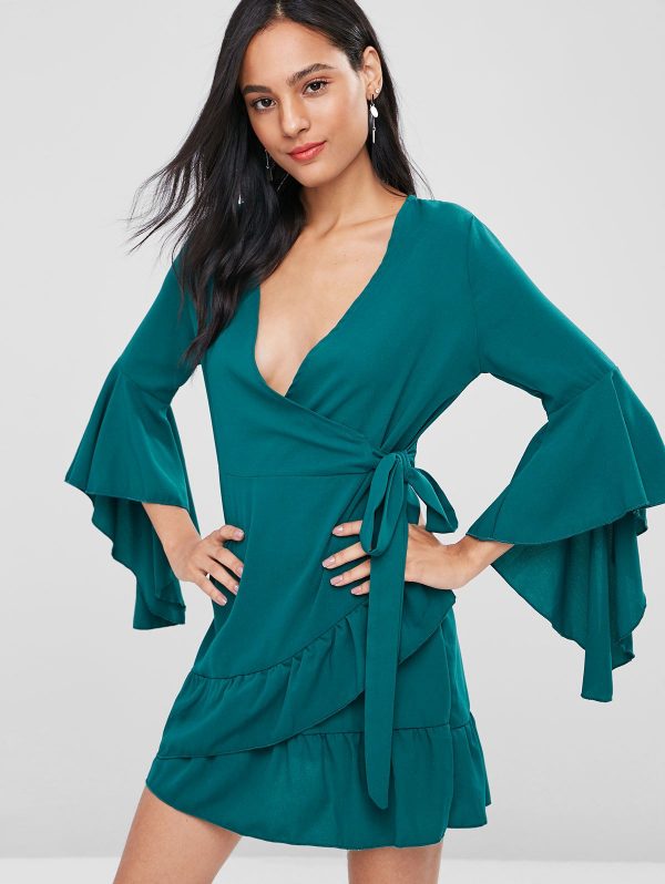 Bell Sleeve Ruffle Surplice Dress - Medium Aquamarine