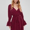 Surplice Flare Sleeve Plunge Dress - Red Wine