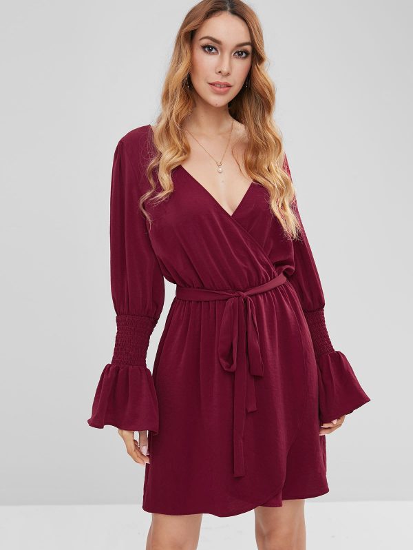 Surplice Flare Sleeve Plunge Dress - Red Wine