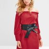 PU Belted Off Shoulder Dress - Lava Red L