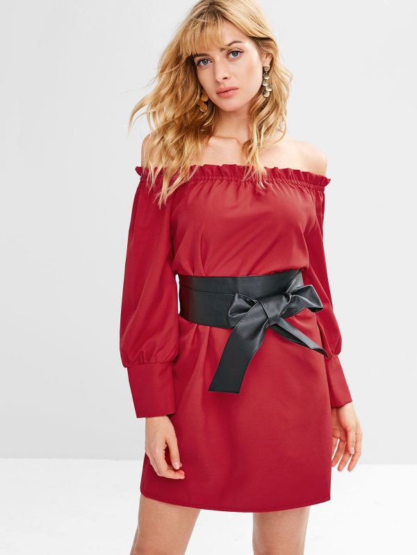 PU Belted Off Shoulder Dress - Lava Red L