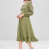 Midi Flounce Long Sleeve Dress - Khaki