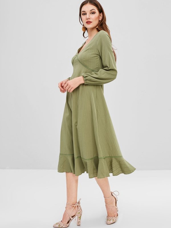 Midi Flounce Long Sleeve Dress - Khaki