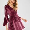 Flare Sleeve Velvet Mini Dress - Plum Velvet M