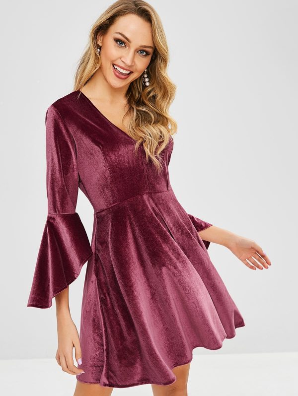 Flare Sleeve Velvet Mini Dress - Plum Velvet M