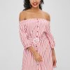 Button Up Stripes Off Shoulder Dress - Cherry Red M