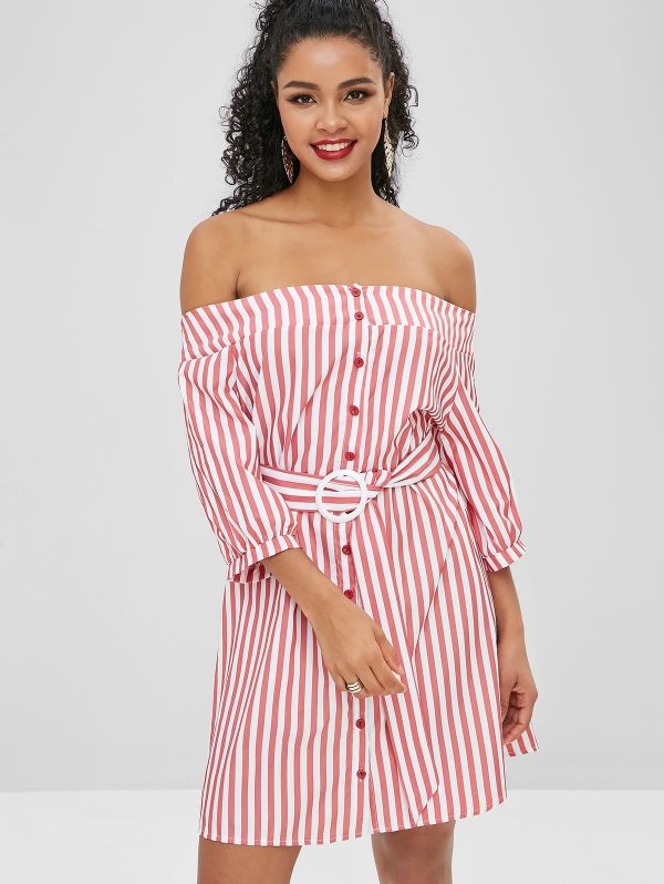 Button Up Stripes Off Shoulder Dress - Cherry Red M