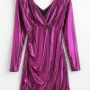 Metallic Plunging Mini Dress - Plum