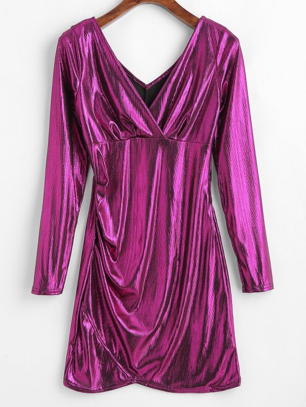 Metallic Plunging Mini Dress - Plum