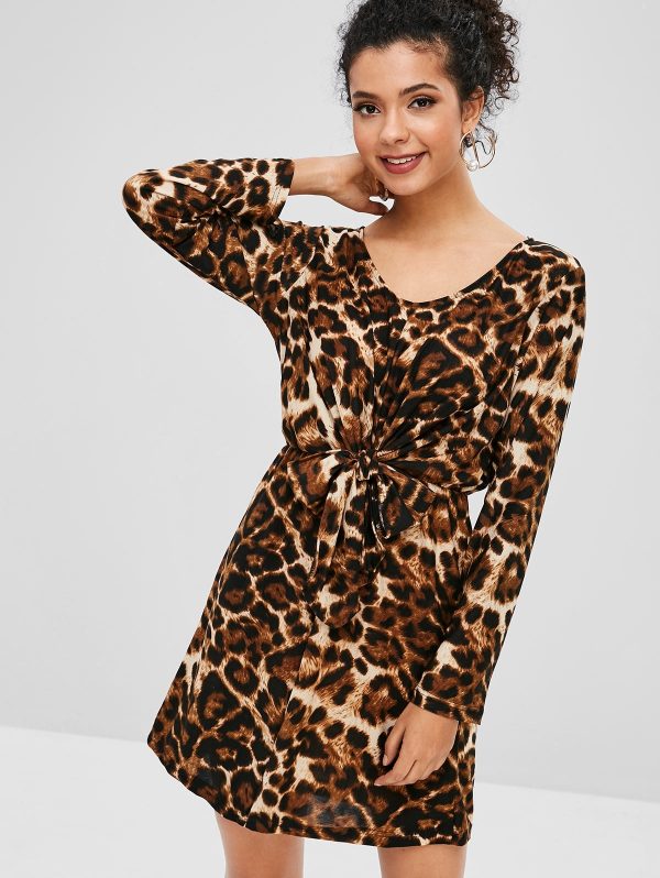 Tied Waist Leopard A Line Dress - Leopard S