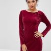 Long Sleeve Velvet Tight Dress - Red Wine S