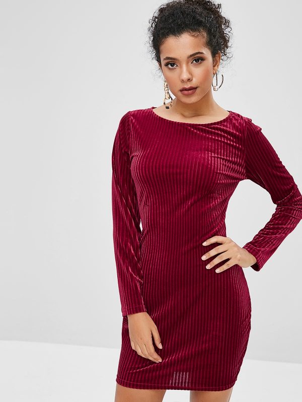 Long Sleeve Velvet Tight Dress - Red Wine S