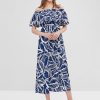 Leaves Print Slit Off Shoulder Dress - Dark Slate Blue L