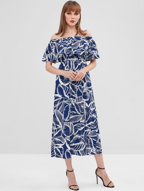 Leaves Print Slit Off Shoulder Dress - Dark Slate Blue L