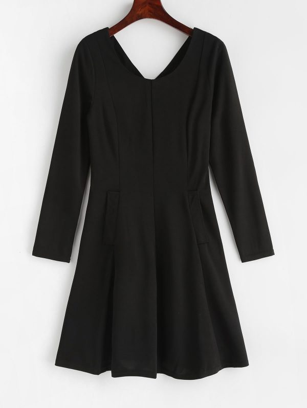 Back Zipper Pockets A Line Dress - Black L