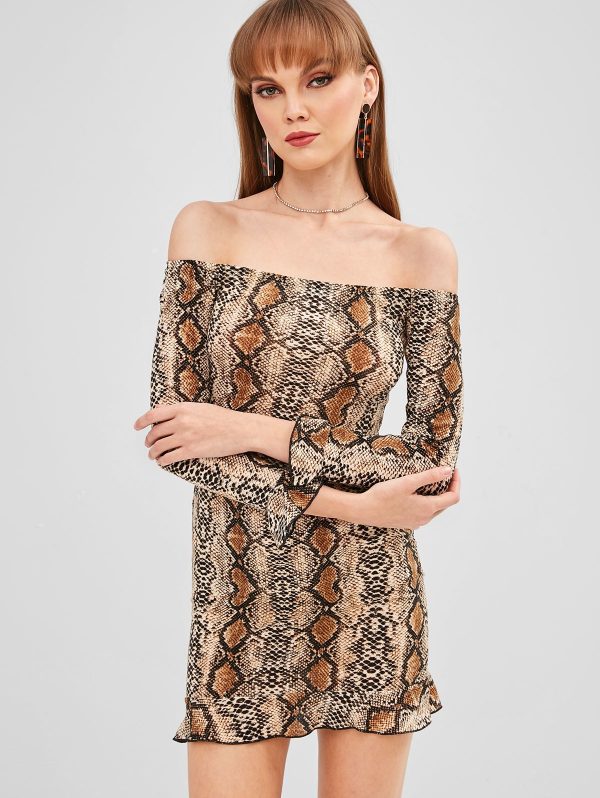 Off Shoulder Snake Print Bodycon Dress