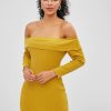 Overlay Ribbed Off Shoulder Dress - Golden Brown L