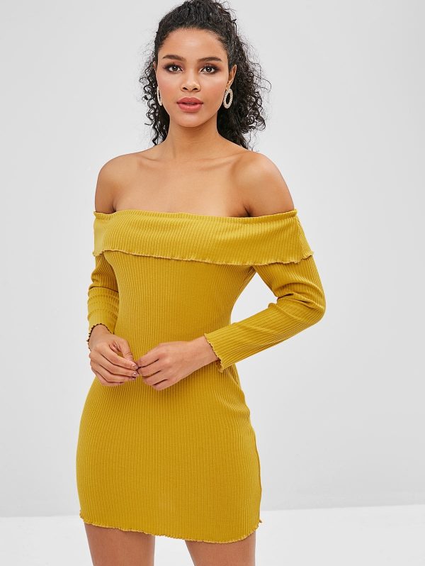 Overlay Ribbed Off Shoulder Dress - Golden Brown L