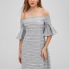 Cut Out Stripes Off Shoulder Dress - Light Gray M