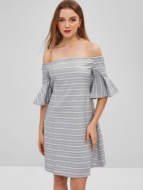 Cut Out Stripes Off Shoulder Dress - Light Gray M