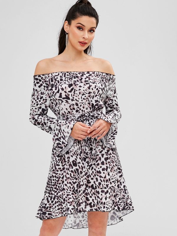 Belted Leopard Off Shoulder Dress - Milk White M