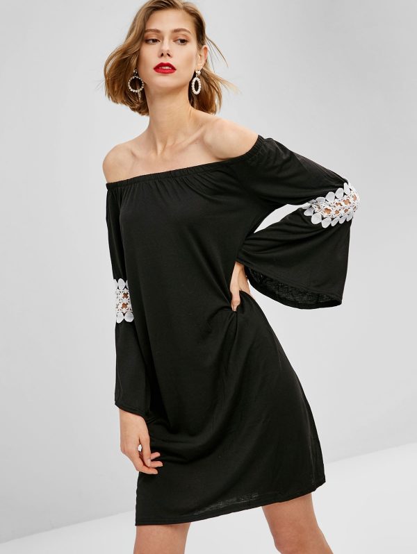 Off Shoulder Crochet Panel Dress - Black S