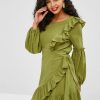 Plain Ruffles Overlap Dress - Avocado Green