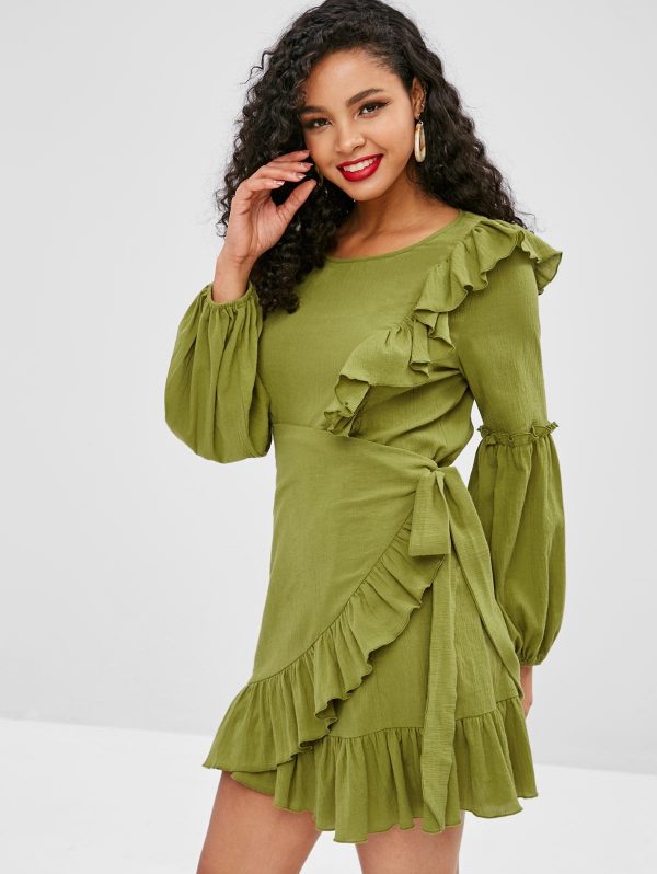 Plain Ruffles Overlap Dress - Avocado Green