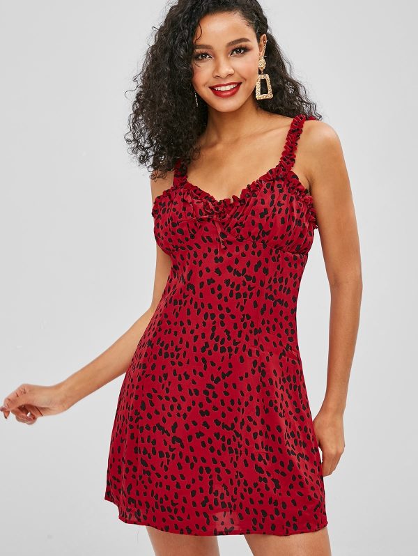 Leopard Ruffle Mini Dress - Cherry Red S