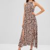 Halter Slit Leopard Backless Dress - Leopard M