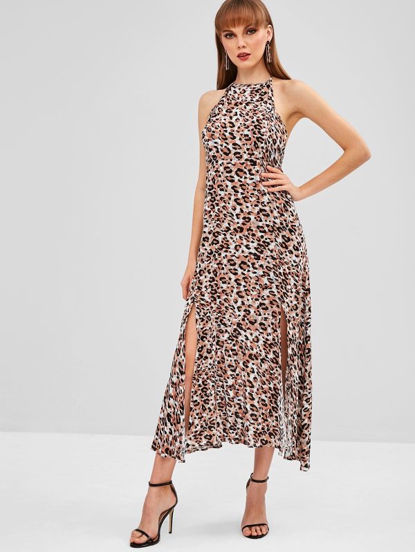 Halter Slit Leopard Backless Dress - Leopard M