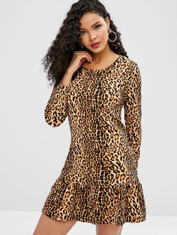 Ruffles Leopard Long Sleeve Dress - Leopard