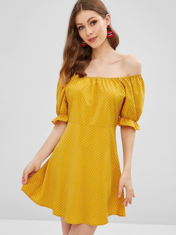 Polka Dot Off Shoulder Ruffled Dress - Bee Yellow S