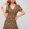 V Neck Ruffles Leopard Mini Dress - Leopard M