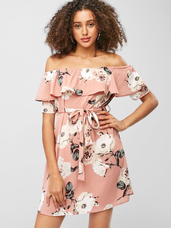 Floral Flounce Belted Mini Dress - Flamingo Pink M