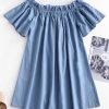 Frilled Off Shoulder Short Chambray Dress - Blue Gray M