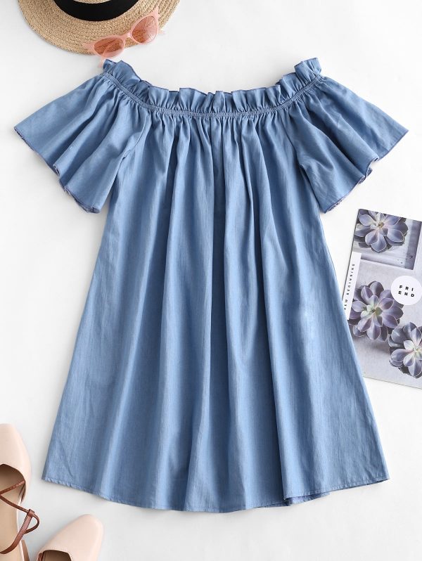 Frilled Off Shoulder Short Chambray Dress - Blue Gray M