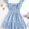 Smocked Printed Sleeveless A Line Dress - Light Blue Xl