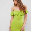 Off Shoulder Ruffles Knotted Bodycon Dress - Salad Green M